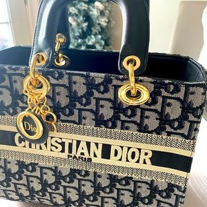 Medium lady bag navy  and gray with black leather handle Dior oblique